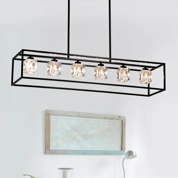 6-Light Farmhouse Chandelier, Modern Industrial Linear Rectangular Crystal Pendant Light Cage Chandelier for Dining Room,Kitchen
