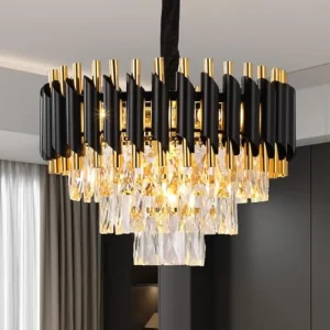 Modern Crystal Chandeliers 3 Tiers Black and Gold Pendant Light Fixtures, 5 Lights Black Modern Chandeliers for Living Room Din