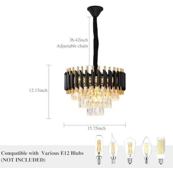 Modern Crystal Chandeliers 3 Tiers Black and Gold Pendant Light Fixtures, 5 Lights Black Modern Chandeliers for Living Room Din - Image 4