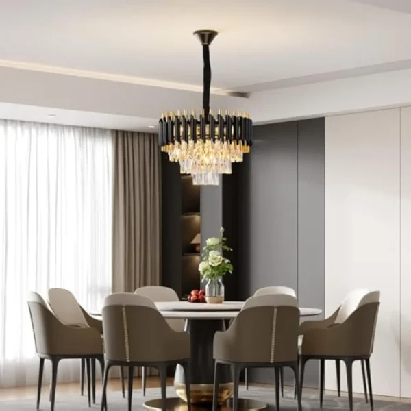 Modern Crystal Chandeliers 3 Tiers Black and Gold Pendant Light Fixtures, 5 Lights Black Modern Chandeliers for Living Room Din - Image 6