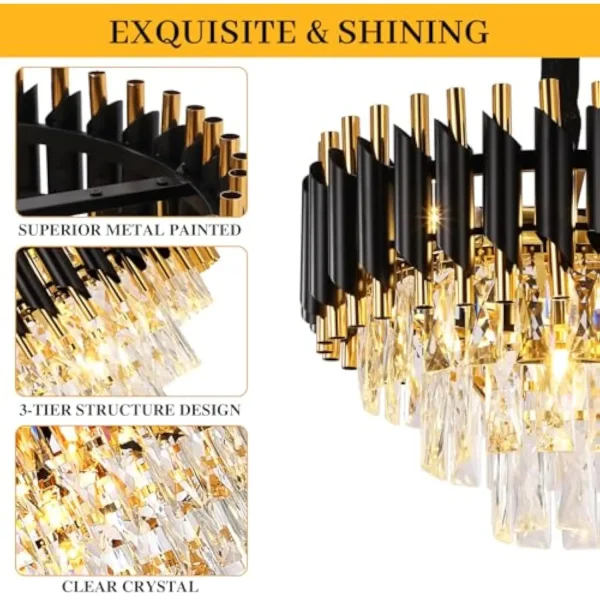 Modern Crystal Chandeliers 3 Tiers Black and Gold Pendant Light Fixtures, 5 Lights Black Modern Chandeliers for Living Room Din - Image 2