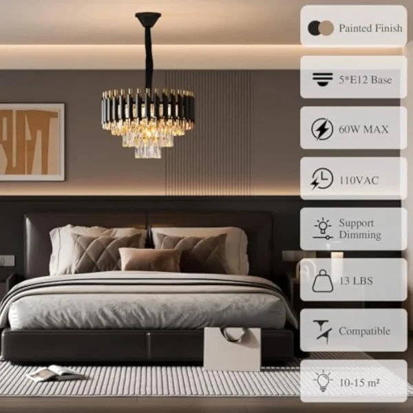 Modern Crystal Chandeliers 3 Tiers Black and Gold Pendant Light Fixtures, 5 Lights Black Modern Chandeliers for Living Room Din - Image 3